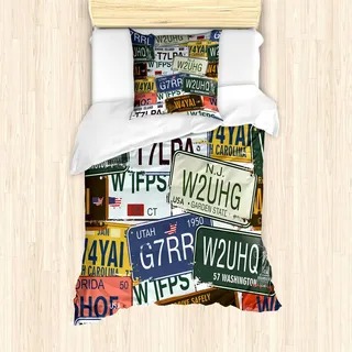 ABAKUHAUS Jahrgang Bettbezug Set, Alte Retro Kfz Kennzeichen Personalisierte Kreative Reise Kunst Druck, 135 x 200 cm + 80 x 80 cm, Grün Blau Gelb