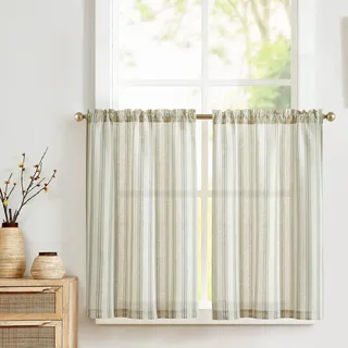 Vangao Streifen Scheibengardinen Modern Küche Grün Leinenoptik Bistrogardine 2er Set 65Bx60Hcm mit Stangendurchzug Landhaus Gardinen Kurz Lichtdurchlässig Gestreifte Kurzstores Wohnzimmer Wohnwagen