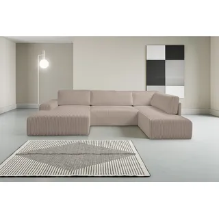 WERK2 Wohnlandschaft »Rotterdam-U, U-Form, in kuschelweichem Cord oder Breitcord« Design Sofa mit Schlaffunktion & Bettkasten, Breitcord, Taupe, grau