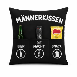 KAMACA Männerkissen Dekokissen mit weicher Füllung 43 x 43 cm Kuschelkissen mit 3 Taschen Geschenkidee für Männer Gamer Väter und Couchhelden für Vatertag Geburtstag Weihnachten (Männer-Kissen)