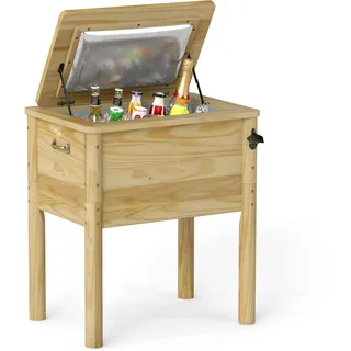 Costway 51L Getränkekühler Holz, Kühlbox mit 3 Griffen, Flaschenöffner & Abflussverschluss, rustikale Eistruhe, BBQ Cookouts, 67x47x74cm - Naturbelassen