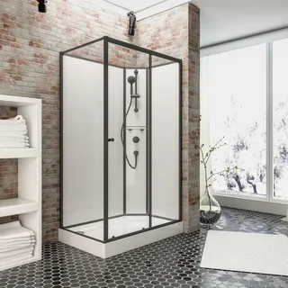 Fertigdusche Komplettdusche 120 x 90 cm Duschtempel Ibiza, 5 mm Sicherheits-Glas, Profile Mattschwarz, Duschsystem Mattschwarz, Rückwände weiß, Duschwanne weiß - Schwarz, Weiß