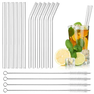 Wiederverwendbare Trinkhalme aus Glas, 16 Stück, 21,5 cm x 10 mm, 6 lange, gerade Trinkhalme + 6 gebogene Glasstrohhalme + 4 Reinigungsbürsten für Bubble Tea, Kaffee, Smoothies, Cocktails, Säfte
