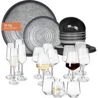 Melamin Camping Geschirr Set 4 Personen Stone Grey + 16 Milano Gläser Wassergläser Weingläser Champagner-Gläser Flûtes Tafelgeschirr Picknick BBQ Kochgeschirr