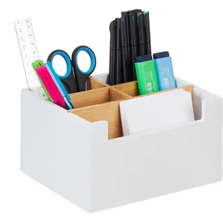 Relaxdays Schreibtisch Organizer, Bambus, 5 Fächer, für Bürobedarf & Kosmetik, Stiftehalter, HBT: 9,5 x 18 x 15 cm, weiß