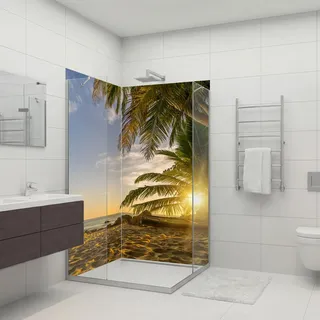dedeco 2tlg. Eck-Duschrückwand Sonnenuntergang V1, 90x200cm Alu 3mm classic | Wasserfeste Duschrückwand, Alu-Verbundplatte classic – fugenlos, pflegeleicht, Fliesenersatz, Made in Germany