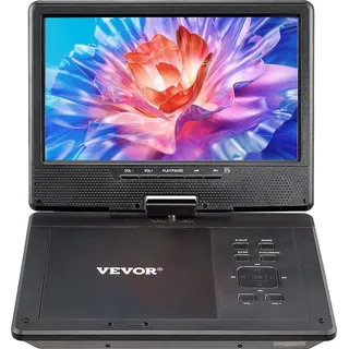 Vevor tragbarer DVD-Player mit drehbarem HD-Bildschirm (228 mm), eingebauter Akku mit 4 Std. Laufzeit, 2 Lautsprecher, unterstützt Synchronisierung von TV/USB/SD-Karte/CD/DVD, Autoladegerät schwarz
