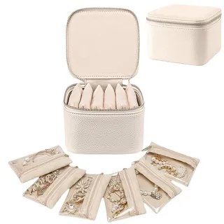 Aucuu Reise Schmuckkästchen, Schmuckkasten Klein mit 6 Schmuckbeutel, PU-Leder Schmuck Organizer, Schmuckschatulle, Schmuckaufbewahrung für Ohrringe Ketten Ringe Armbänder für Mädchen Frauen