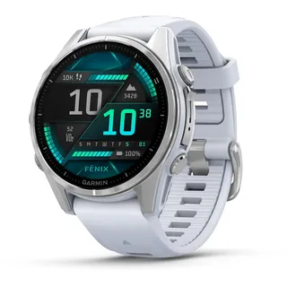 Garmin Fenix 8 BT 43 mm Edelstahlgehäuse silber Silikonarmband weiß M