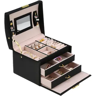 Schmuckkästchen, PU Leder Schmuckkasten mit 2 Schubladen Schmuckkoffer Schmuckaufbewahrung für Ringe Armbänder Ohrringe Halsketten Samtfutter als schwarz
