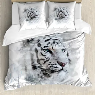 ABAKUHAUS Tier Bettbezug, White Tiger Portrait, Milbensicher Allergiker geeignet mit Kissenbezügen, 200 cm x 200 cm - 80 x 80 cm, Schwarz, Grau, Weiß