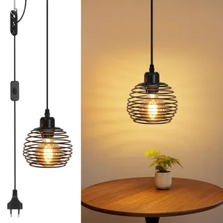 ZMH Pendelleuchte Vintage Hängelampe 1 Flammig: Schwarz Industrial Hängeleuchte mit Stecker und Schalter Pendellampe E27 Fassung mit 2M Kabel Retro lampe hängend für Schlafzimmer Wohnzimmer Küche