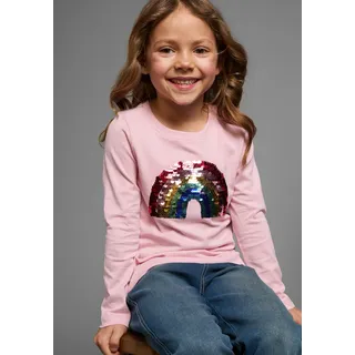 Langarmshirt KIDSWORLD "Regenbogen Pailletten-Applikation", Mädchen, Gr. 128/134, rosa, Jersey, Obermaterial: 100% Baumwolle, bedruckt, Basic hüftlang, Rundhals, abgesteppte Kante, Shirts Langarmshirt, Langarm, Basic-Passform, mit schimmernden Pailletten-Applikationen, Topseller