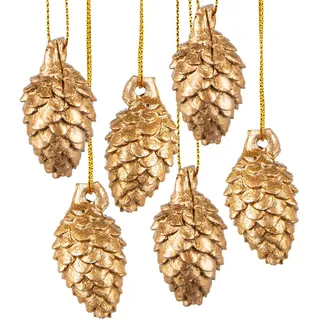 6 goldene Zapfen 5 cm – Lärchenbaum-Zapfen als Baumschmuck zum Aufhängen – edle Weihnachtsdeko für den Tannenbaum – Logbuch-Verlag
