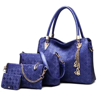 FiveloveTwo Damen Umhängetasche Schultertasche Henkeltaschen Quaste Drucken Handtasche 4-teiliges Set Geldbörse Shopper Taschen Clutches Kartenhalter Brieftasche Blau
