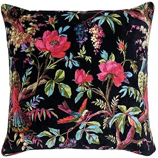Paoletti Paradise Quadratischer Kissenbezug - Schwarz Bunter Vogel-Print Samtiger Baumwollstoff (50 x 50 cm, 1 Stück)