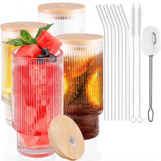 ALINK Cocktail Gläser 4er Set, Bier Glas,475 ML Can Longdrinkglas,Wassergläser,Longdrinkgläser,Trinkgläser mit Deckel und Strohhalm,für Eiskaffee, Cocktail, Bier, Smoothie