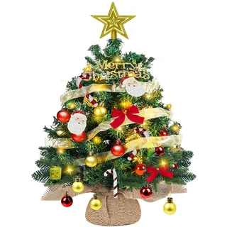 Mini Weihnachtsbaum mit Beleuchtung LED 60cm, Kleiner Tisch Weihnachtsbaum mit Kiefernzapfen Geschmückt, Künstlicher Baum mit Dekorativem Schnee Kiefer für Küche/Wohnstube/Kinderzimmer/Büro Deko