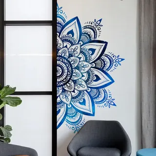 WandSticker4U®- Wandtattoo MANDALA blau (78x40 cm) I Wandsticker Boho Blumen Mandala Lotus indisch orientalisch I Wand Aufkleber Wohnzimmer Schlafzimmer Yoga Studio Küche Flur Deko Retro