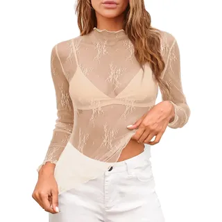 Damen Oberteile Elegant Mesh Top Damen Oberteil Elegant Blazer Braun Glitzer Body Party Top Elegantes Oberteil Mesh Schwarz Oberteile Party Sexy Rave Durchsichtig Spitzen Elegantes Shirt Langarm