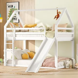 Kinder-Hochbett 90x200cm mit Rutsche und Leiter, umbaubar zum Einzelbett, weiß - Weiß