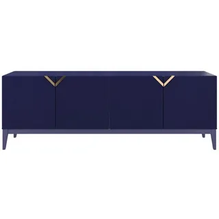 Visby Sideboard Demi Long, Marinblau-Gold, Mit Gefrästen Fronten, Massive Buche , Dunkelblau , Buchenholz , 201.5x70x42 cm , Kleinmöbel, Kommoden, Sideboards
