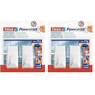 tesa Powerstrips Haken Large ECKIG - Selbstklebender Wandhaken für Glas, Kacheln, Holz, Kunststoff und andere Untergründe - Weiß (Packung mit 2)