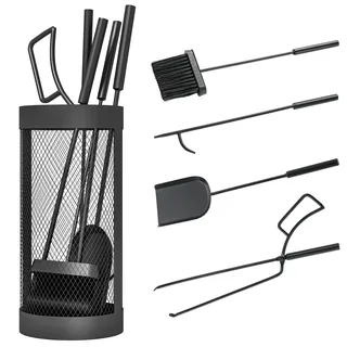 Outsunny Kaminbesteck Set 5-teilig Kaminzubehör mit Besen, Schaufel, Zange, Schürhaken und Korb, Kamingarnitur, Metall, Schwarz