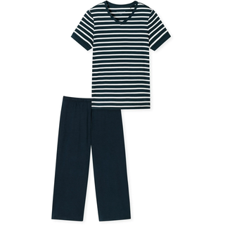 Schlafanzug SCHIESSER "Casual Essentials", Damen, Gr. 50, blau (804, nachtblau), Single Jersey, Obermaterial: 100% Baumwolle, gestreift, unifarben mit Farbeinsatz, regular fit 3/4-Länge, V-Ausschnitt, Homewear-Sets Schlafanzug, mit modisch umgeschlagenen Ärmeln