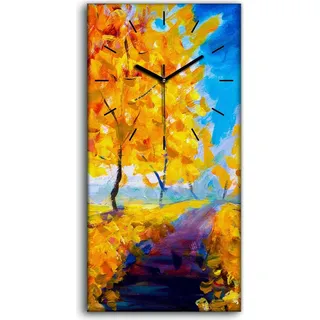 Wanduhr Bürouhr Leinwand Bild Quarz 30x60 Foto Gemälde Herbst gelb Laubpark - schwarze Hände - Orange