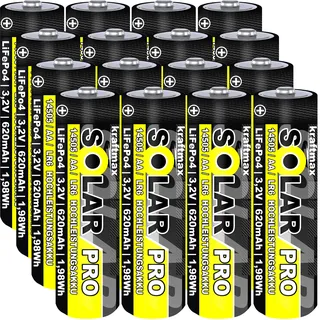 16 er Pack SOLAR pro Mignon AA Akkus - wiederaufladbare Batterien - 3,2V / 1,92Wh / 14505 - LiFePo4 Hochleistungs- Akku Batterie speziell für Solarlampen | Solar Lichterkette | Solarleuchte | Leuchte