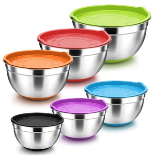 Herogo Rührschüssel 6er Set, Edelstahl Salatschüssel Schüssel Set mit Luftdichtem Deckel & Rutschfest Böden, Ideal Zum Kochen/Backen/Aufbewahrung/Servieren, Stapelbar, 6,7L/3,3L/2,5L/1,5L/1,2L/0,7L