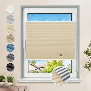 Plissee ohne Bohren Verdunkelung Klemmfix Hellbeige 85x110cm Thermo Plissees 100% Verdunklung Rollos für Fenster & Tür Verdunklungsplissee ohne Bohren Sichtschutz und Sonnenschutz