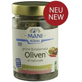 Mani - Bio Grüne & Kalamata Oliven al naturale mit Chili 205 g