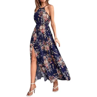 Elegante Kleider,Midi-Kleider Für Damen Böhmen Marineblau Blumen Neckholder Ärmellos Swing Strandkleider Sommer Elegant A-Linie Fließender Schlitz Sommerkleider Party Cocktail Sexy Maxikleider