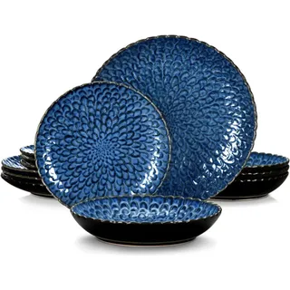 Tafelservice aus Porzellan – 24-teilig – für 8 Personen – Blau – Essteller, Suppentheke, Dessertteller – stapelbar - Blau