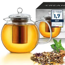 Creano Teekanne aus Glas 0,85l, 3-Teilige Glasteekanne mit Integriertem Edelstahl-Sieb und Glas-Deckel, Ideal zur Zubereitung von Losen Tees, tropffrei, All-in-One