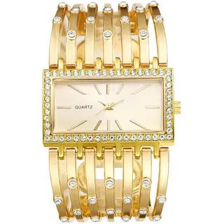 JewelryWe Damenuhr Rechteckig Armreif Uhr: Damen Glitzer Strass Analog Quarz Armbanduhr Frauen Gold Breit Metallarmband Armspange Lässige Diamant Spangenuhr mit Eckigem Zifferblatt