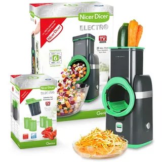 Nicer Dicer Electro Gemüsehobel elektrisch Deluxe Set 32 tlg, Gemüseschneider automatisch, Käsereibe für Gemüse, Obst, Nüsse, 9 Extrascharfe Einsätze, Einfache Reinigung, Leistungsstark