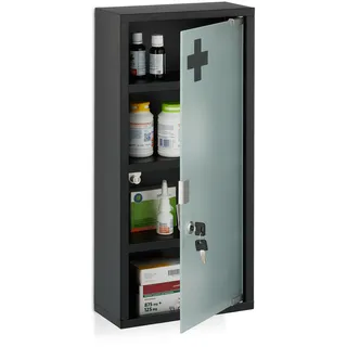 Relaxdays Medizinschrank, schwarz abschließbar , Metall, Glas , 27x57x12 cm, , Badezimmer, Badmöbel, Medizinschränke