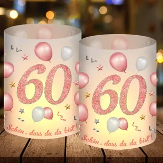 12 Windlicht Tischdeko 60 Geburtstag, Party Deko 60 Geburtstag Frau, Rosegold 60. Deko, Schön DASS Du Da Bist, Geeignet für Teelichter oder Kerzen, Happy Birthday Tischdeko