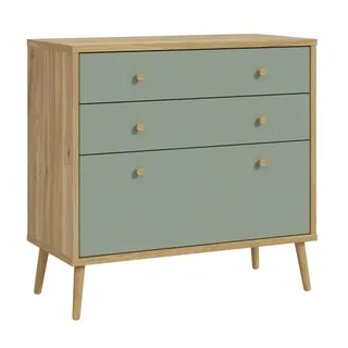 Forte WHENUA Mid-Century Modern Kommode 90, Kommode mit 3 Schubladen, Sideboard, Holzwerkstoff, Mauvella Eiche Holzdekor, Salbei, 88,8 cm breit x 86,3 cm hoch x 41,5 cm tief