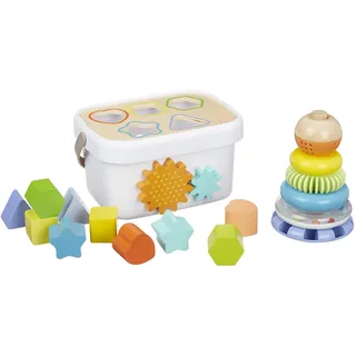 Amazon Basics Klassisches Spielzeug-Set aus Holz mit Formensortierspiel und Regenbogen-Stapelspiel, Mittel, 16 Stück, Mehrfarbig