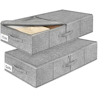mepure Unterbett Aufbewahrungsbox, 2 Stück – 50L Faltbare Unterbettkommode mit Deckel & Doppelreißverschluss, Waschbare Unterbettbox für Kleidung, Decken, Bettlaken, Kissen, 76×38×17cm, Grau