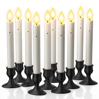 PChero LED Stabkerzen mit Dämmerungssensor und Kerzenhalter, 10er Set Elektrische Flammenlose Kerzen Flackernd mit Dusk to Dawn Lichtsensor für Fenster Kamin Tisch Halloween Deko Weihnachten