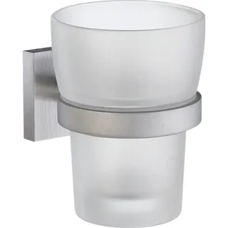 Zahnputzbecher , Chromfarben , Metall, Glas , 9.8 cm , Wandbefestigung möglich, inkl. Befestigungsmaterial , Badaccessoires, Zahnputzbecher