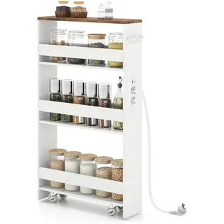 FANTASK Schmaler Nischenwagen 13cm, 4 Etagen Holz Badregal mit Ladestation, Servierwagen mit Griff & Geländern, Nischenregal auf Rollen für Küche & Badezimmer (Weiß)