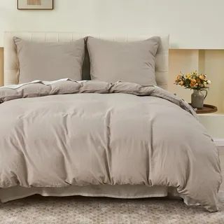 Simple&Opulence Halbleinen Bettwäsche 135x200, Atmungsaktiver Bettbezug Set aus Baumwolle und Leinen mit 80x80 cm Kissenbezug,Oeko-TEX Sommerbettwäsche,Khaki