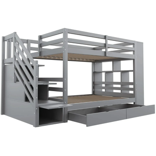 Merax Etagenbett 90x200cm Kiefer Treppe Stauraum Grau