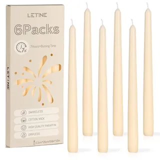 LETINE 6 Stück Stabkerzen, 7 Stunden Kerzen, Elfenbein, 25cm, Duftstofffrei | Baumwolldocht, brennt gleichmäßig, Geeignet als Geschenk, Weihnachts-, Tisch- und Hochzeitsdekoration